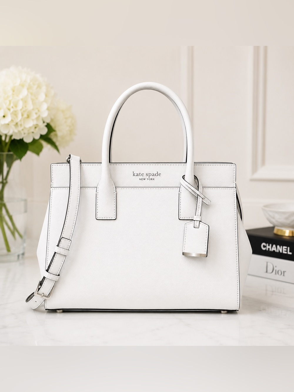 kate spade White Saffiano Leather Medium Satchel with Top Handles